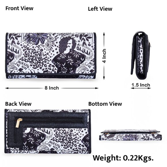 Black Printed Fabric Trifold Wallet & Card Holder – Women Organizer, ID Window - Picture 3 of 8